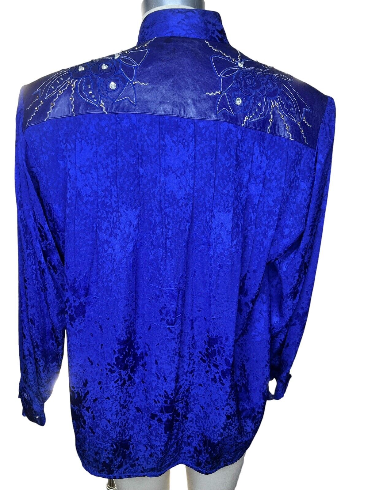 Stanley Nelson Indigo Blue Silk & Leather Studded Beaded Button Up Top Size L