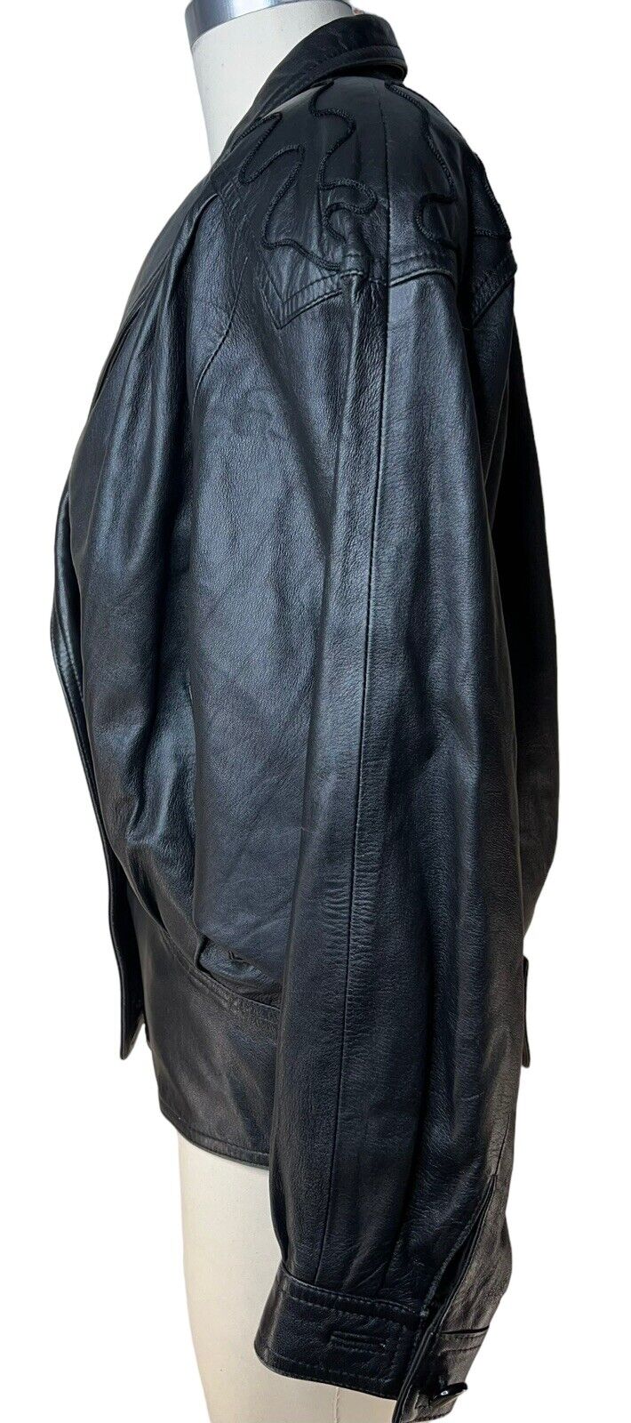 Women’s Black Italian Leather Cropped Jacket Embroidered Shoulder By Regal
