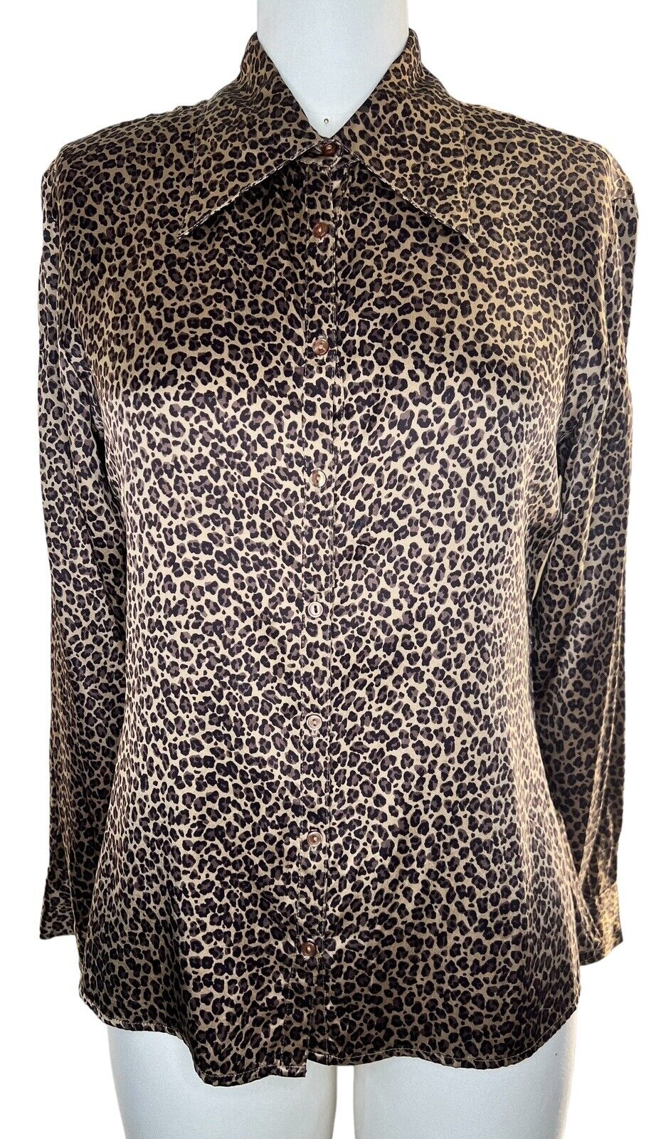Express Silk Long Sleeved Button Up Leopard Print Blouse Size Small