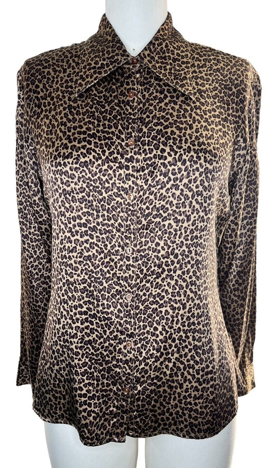 Express Silk Long Sleeved Button Up Leopard Print Blouse Size Small