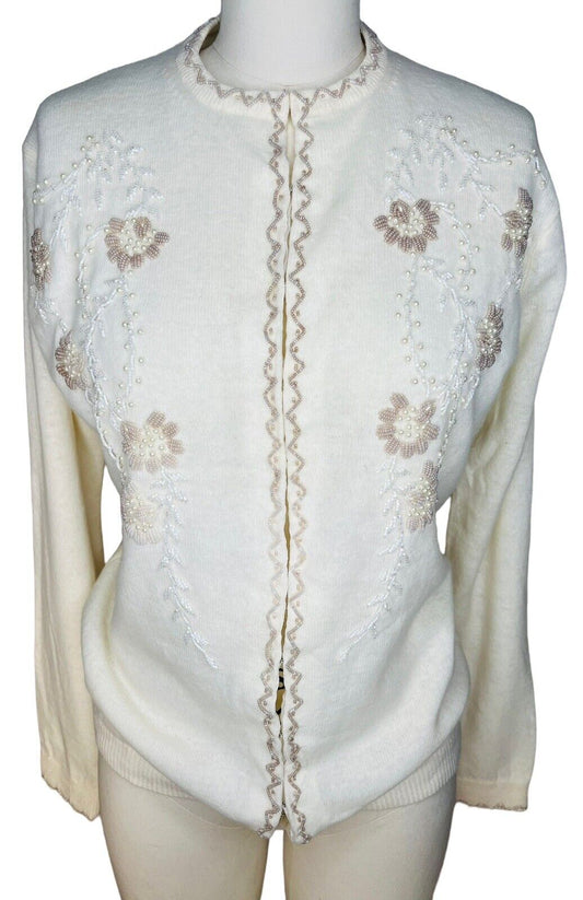 Sweater Bee By BANFF Cream Lambswool Angora Beaded Cardigan Size 42