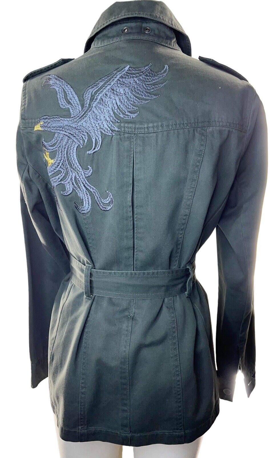 True Meaning Army Green Embroidered Belted Jacket Size Small