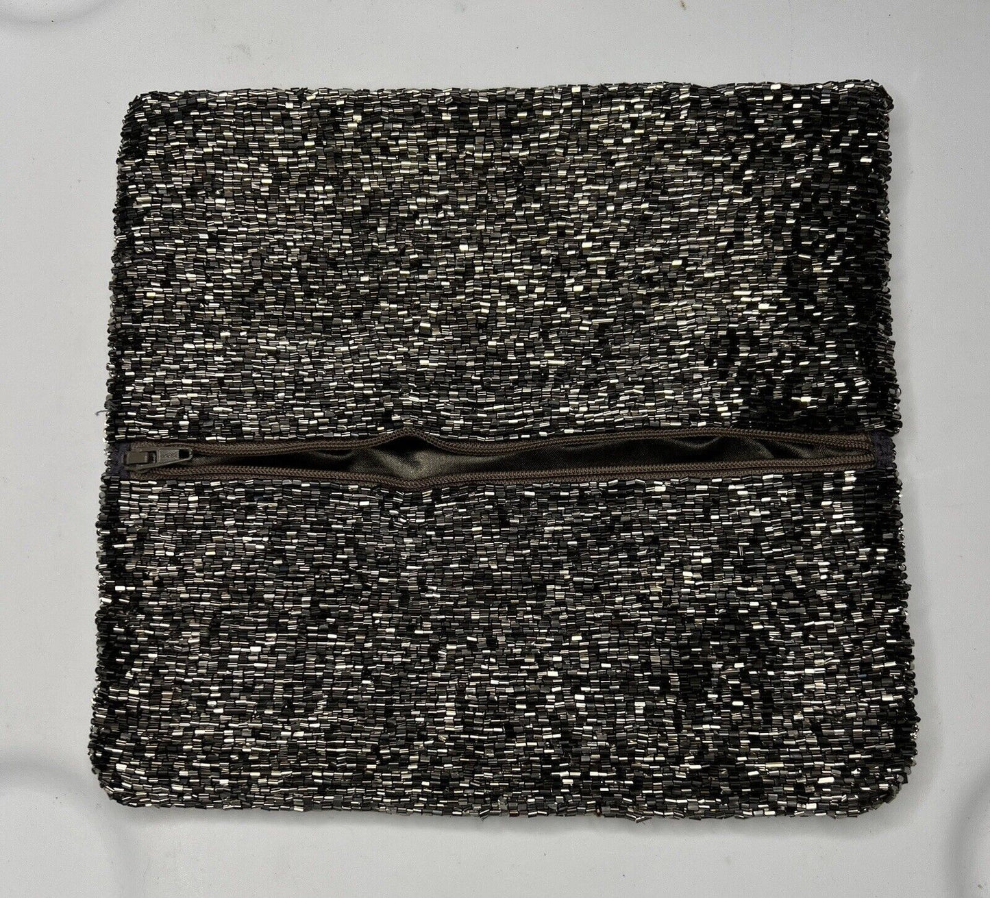 Moyna Fold-over Pewter Beaded Zip Clutch