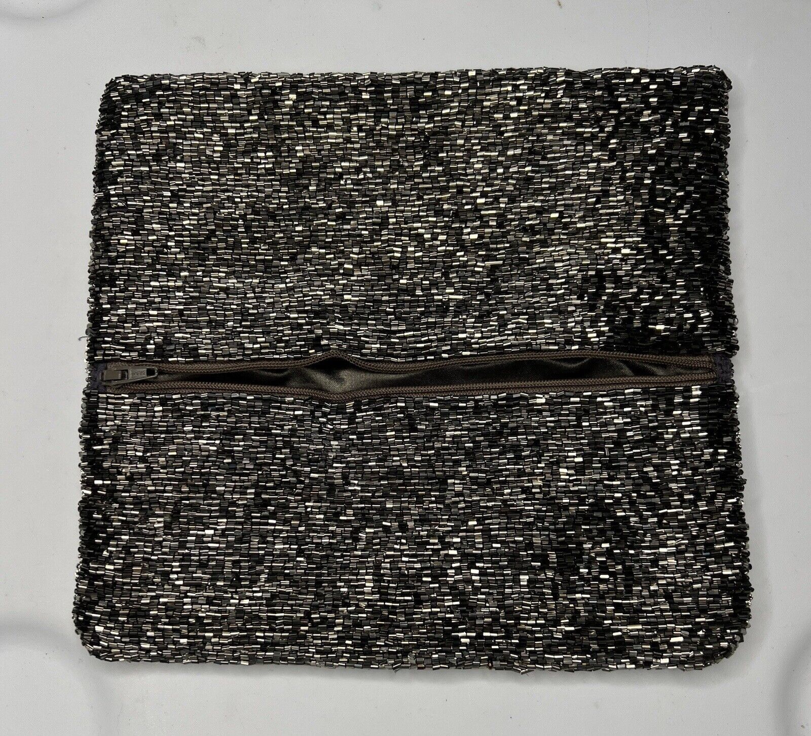 Moyna Fold-over Pewter Beaded Zip Clutch