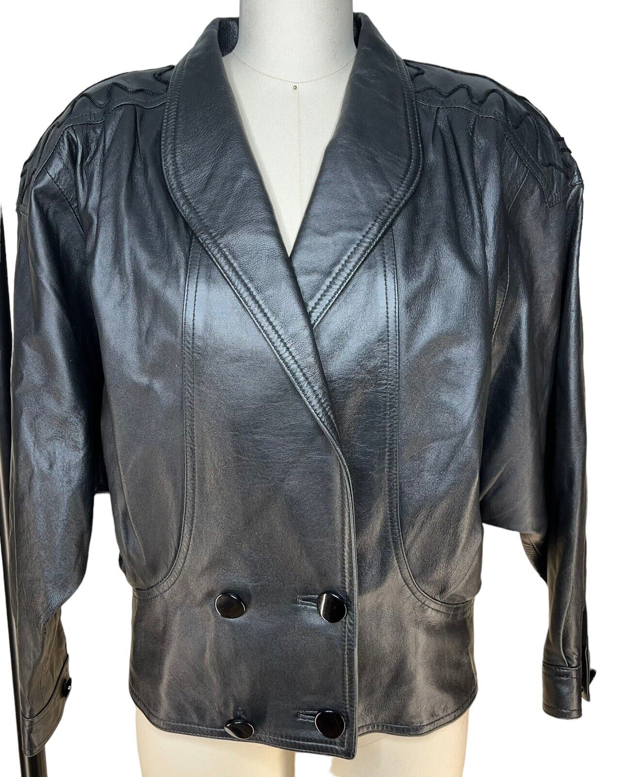 Women’s Black Italian Leather Cropped Jacket Embroidered Shoulder By Regal