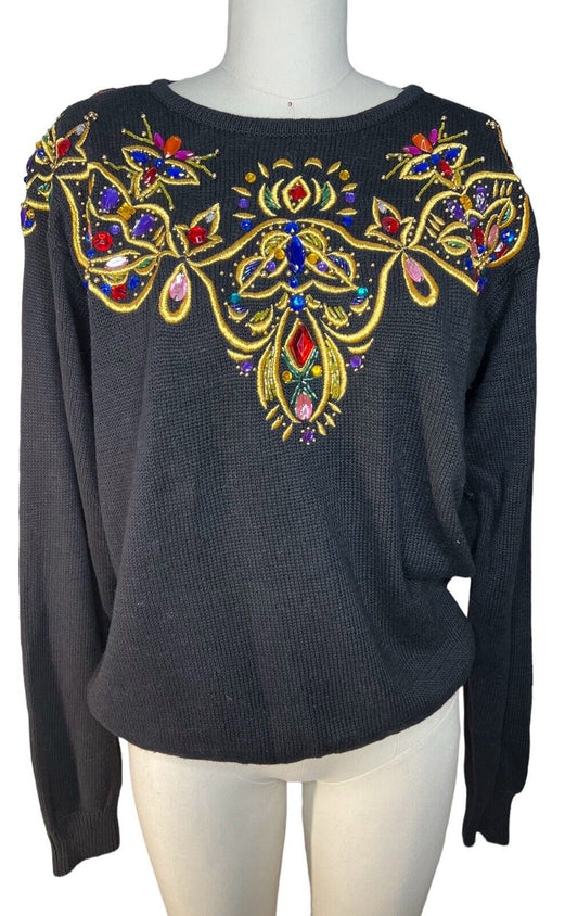 Lindsey Blake Ramie & Cotton Black Long Sleeves Sweater Gemstones Beads Size M