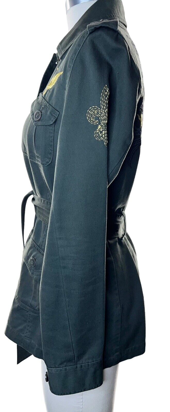 True Meaning Army Green Embroidered Belted Jacket Size Small