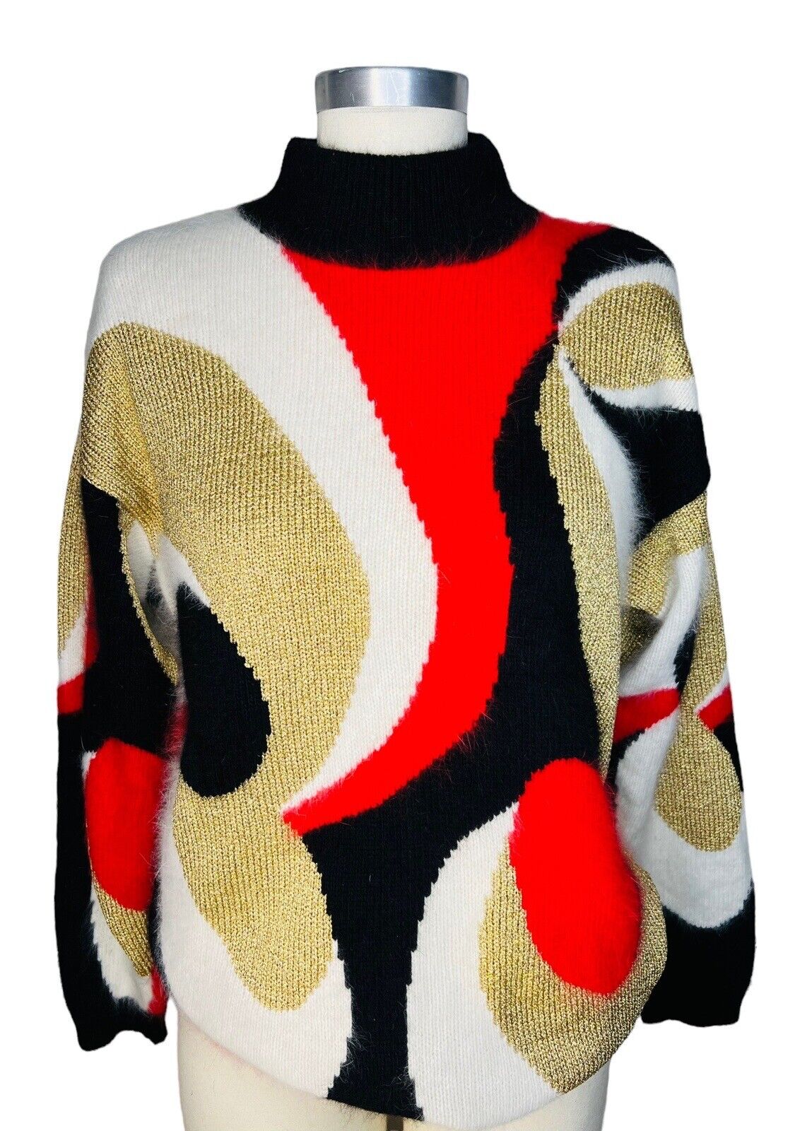 Rafaella Metallic Gold Cream Red Angora Lambswool Pullover Sweater Size M