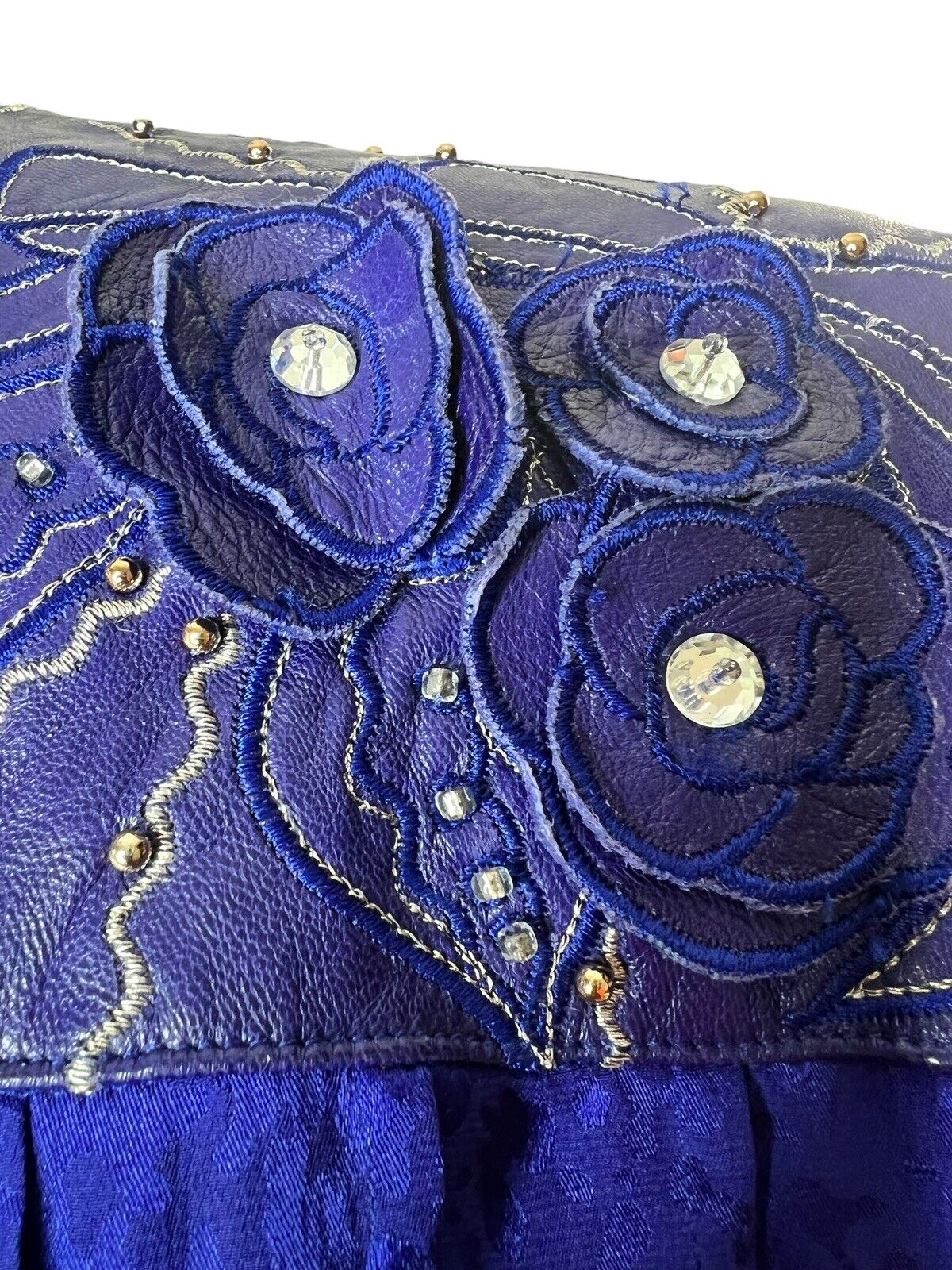 Stanley Nelson Indigo Blue Silk & Leather Studded Beaded Button Up Top Size L