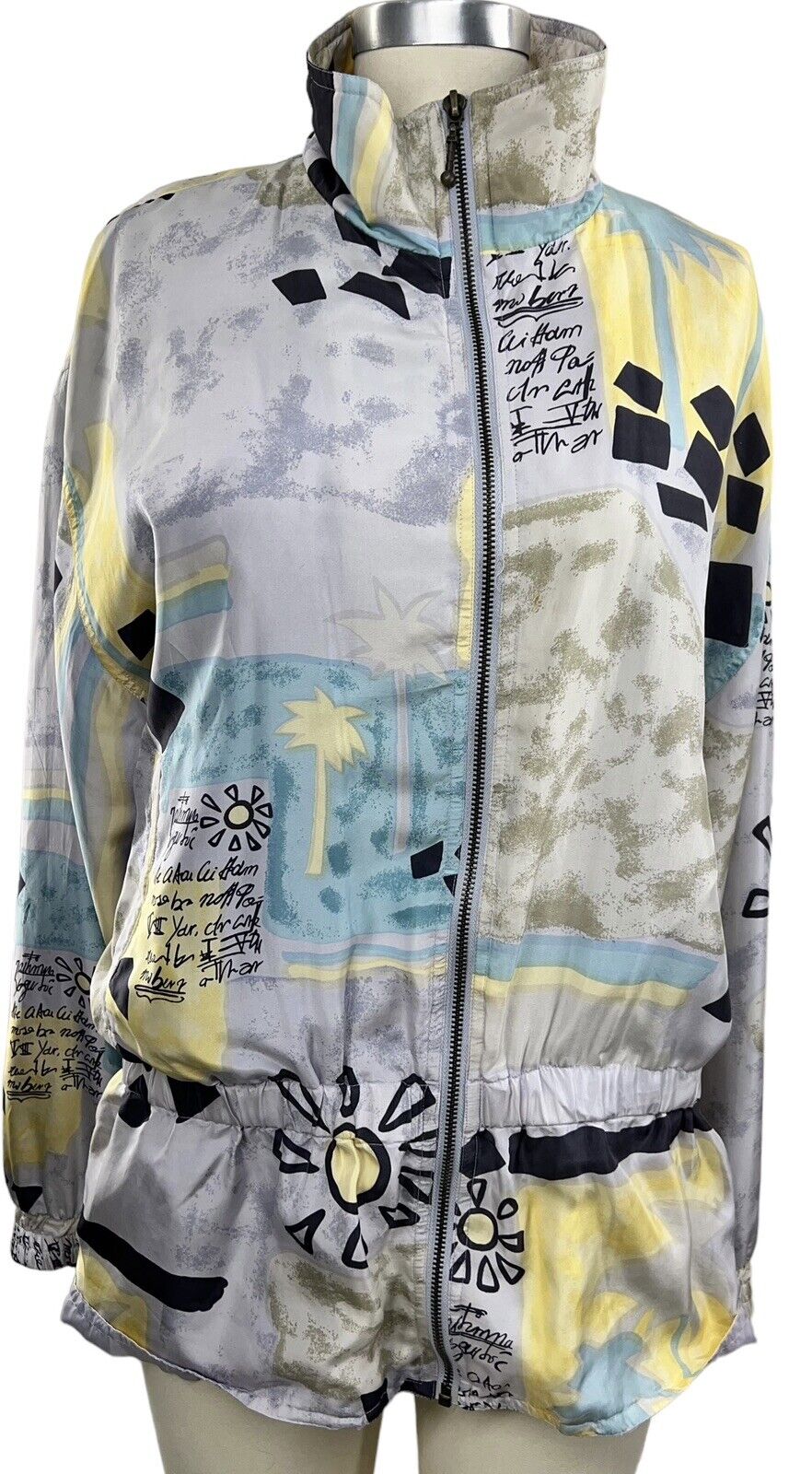 East West Silks Zip Up Elastic Waist Oversized Jacket With Writing Size Small