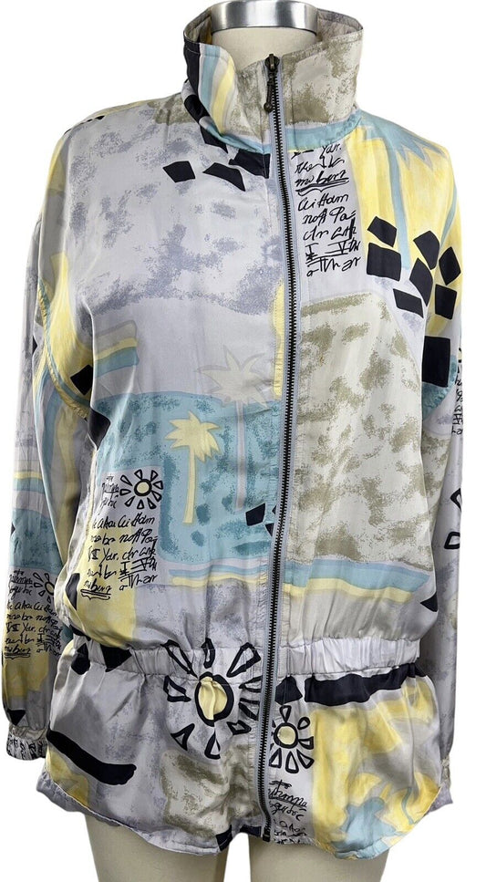 East West Silks Zip Up Elastic Waist Oversized Jacket With Writing Size Small