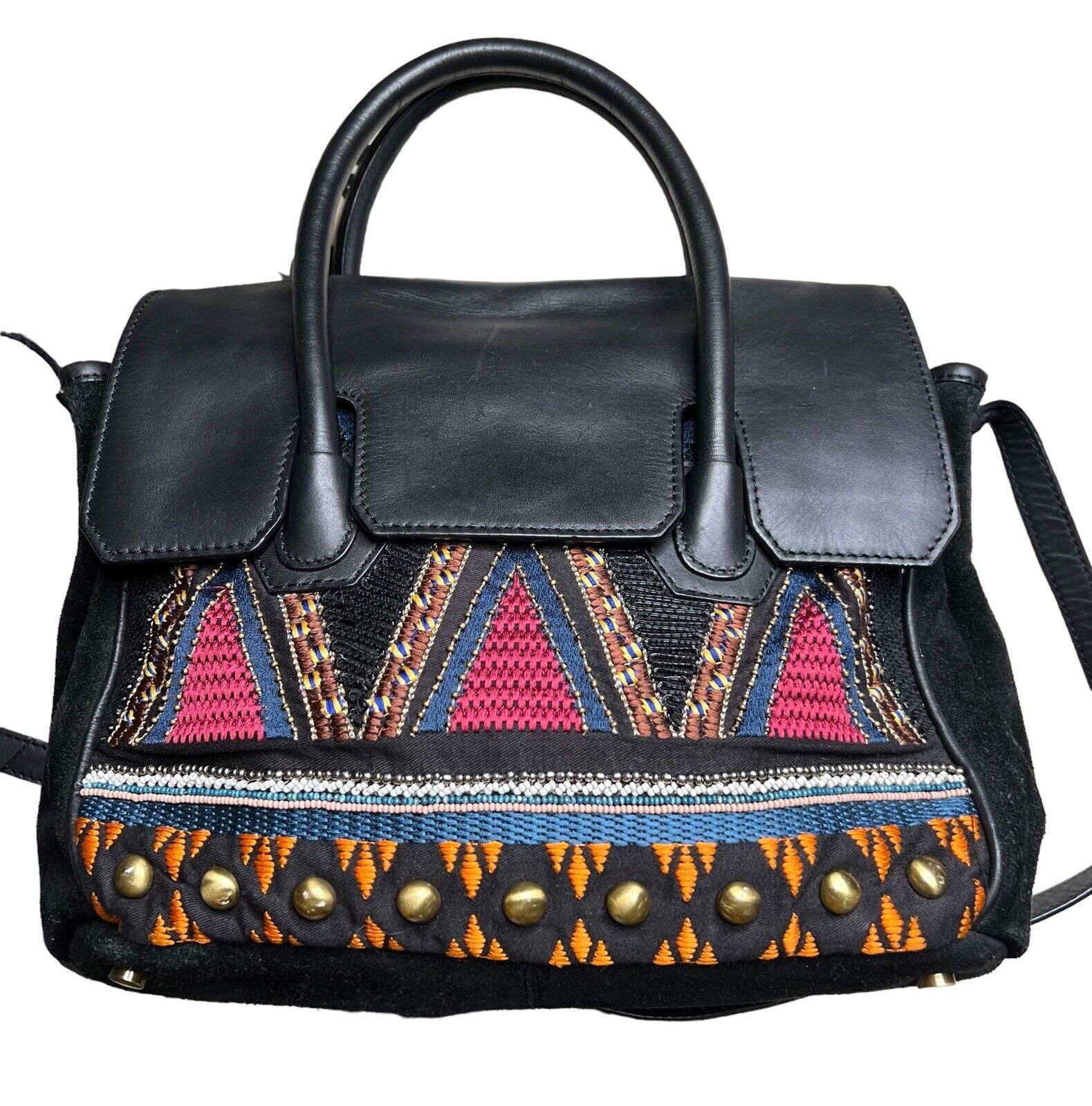 Sam Edelman  Leather & Suede Beaded Embroidered Studded Top Handle Cross Body