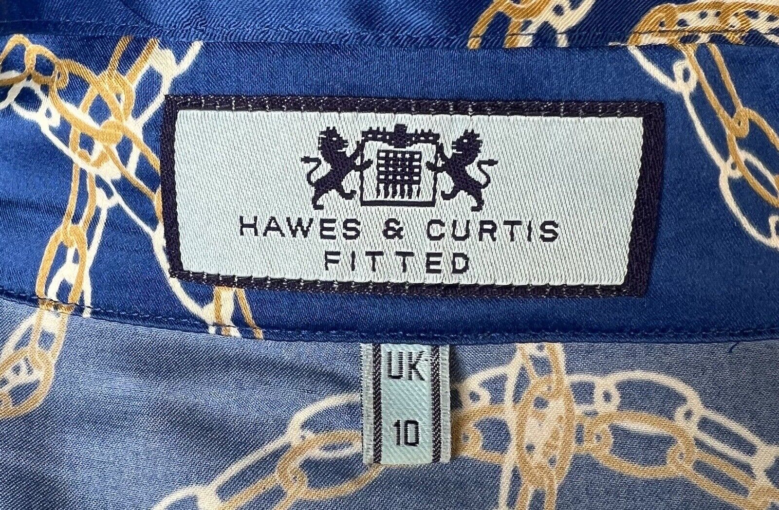 Hawes & Curtis Fitted Blue Italian Chain Blouse lavallière Pussycat Bow Size 10