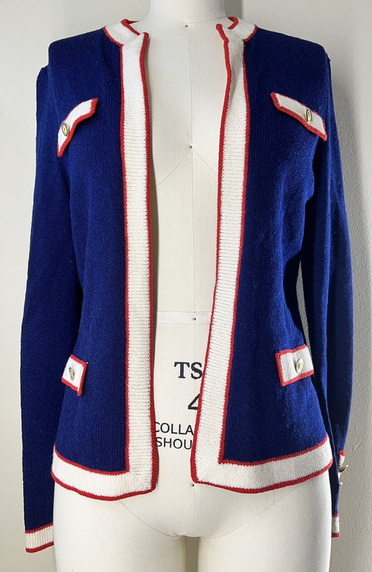 Jaylon New York Blue Cardigan Red & White Trim Gold Buttons Size 6