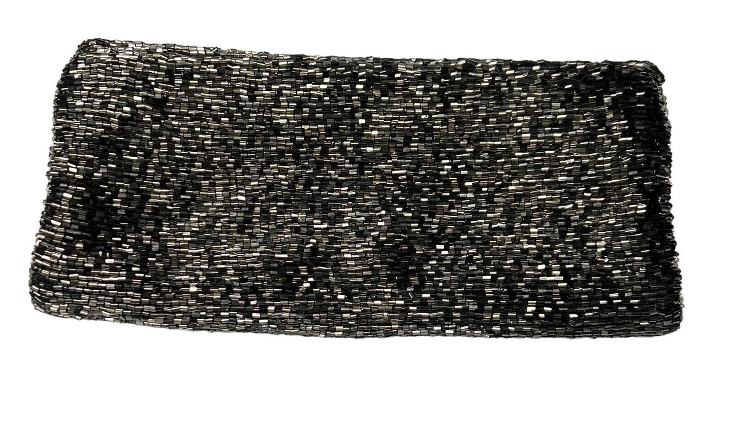 Moyna Fold-over Pewter Beaded Zip Clutch