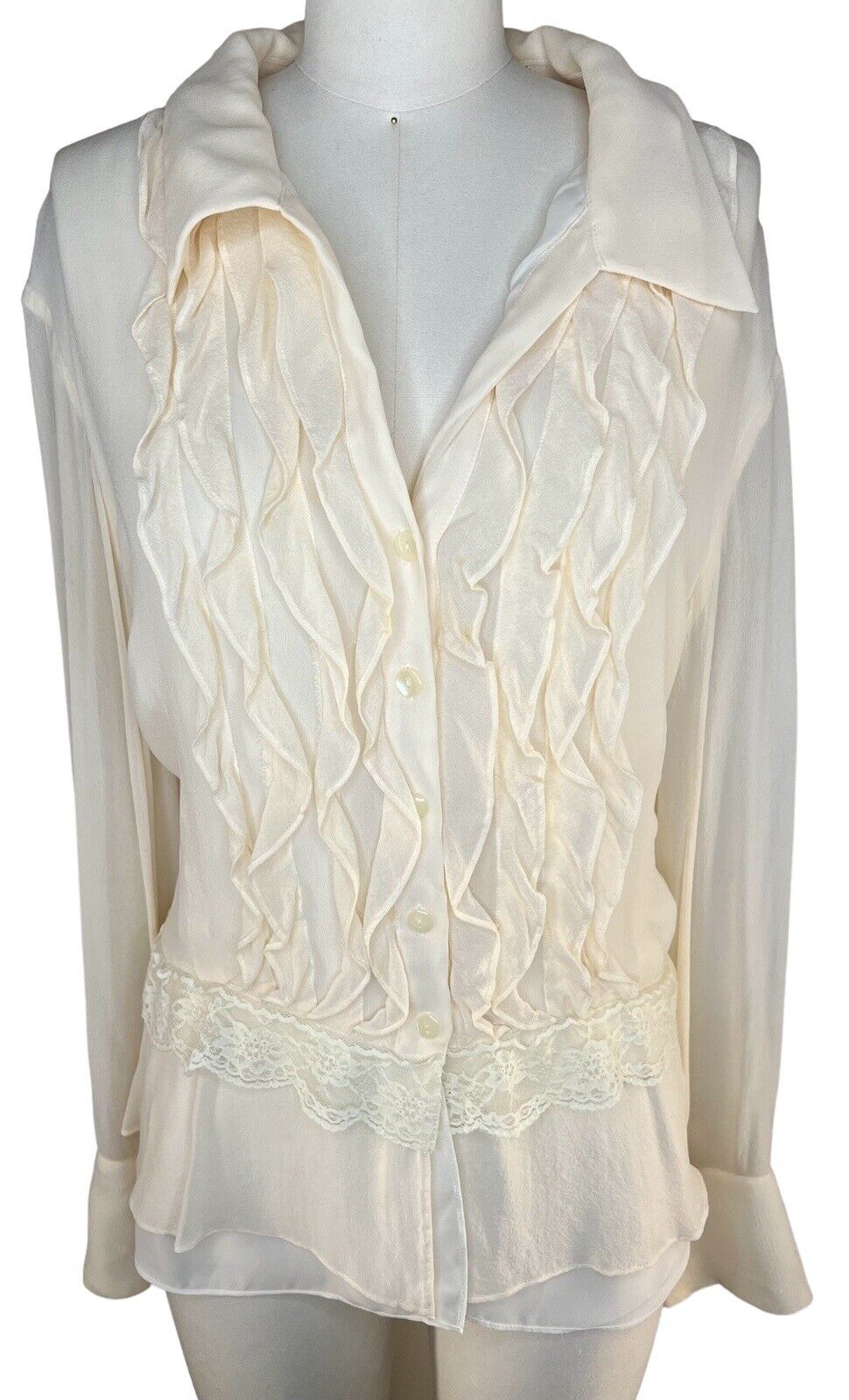 Jones New York 100% Silk Chiffon Ivory White Blouse Lace Detail Layered Size 20W