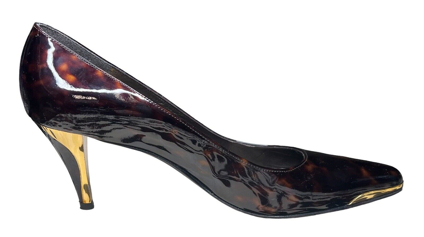 Stuart Weitzman 9M Patent Leather Leopard Print & Gold Heels