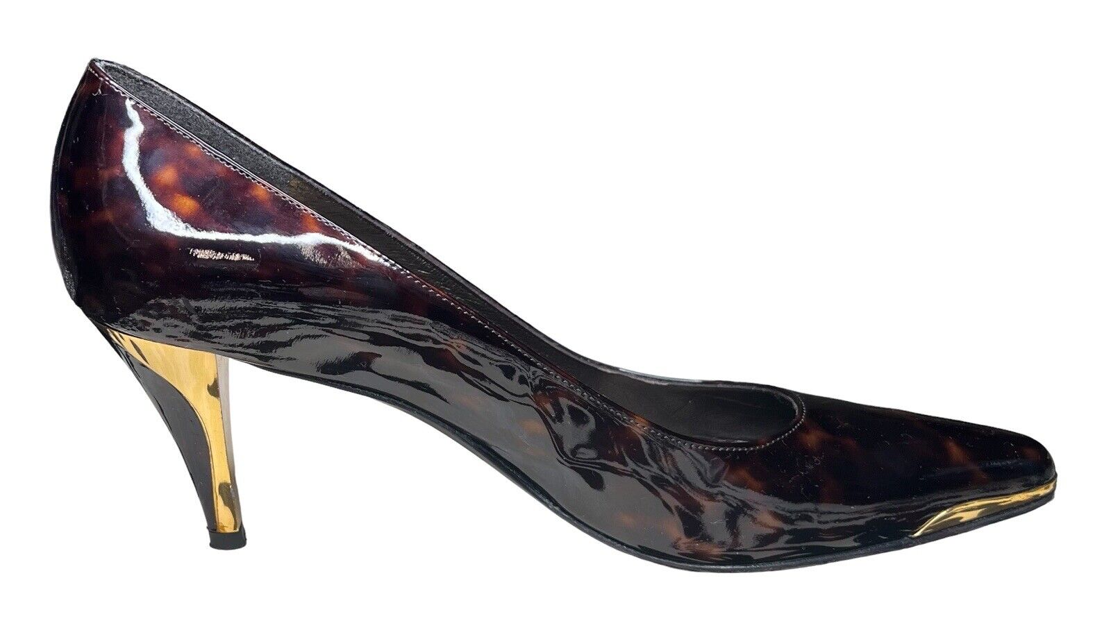 Stuart Weitzman 9M Patent Leather Leopard Print & Gold Heels