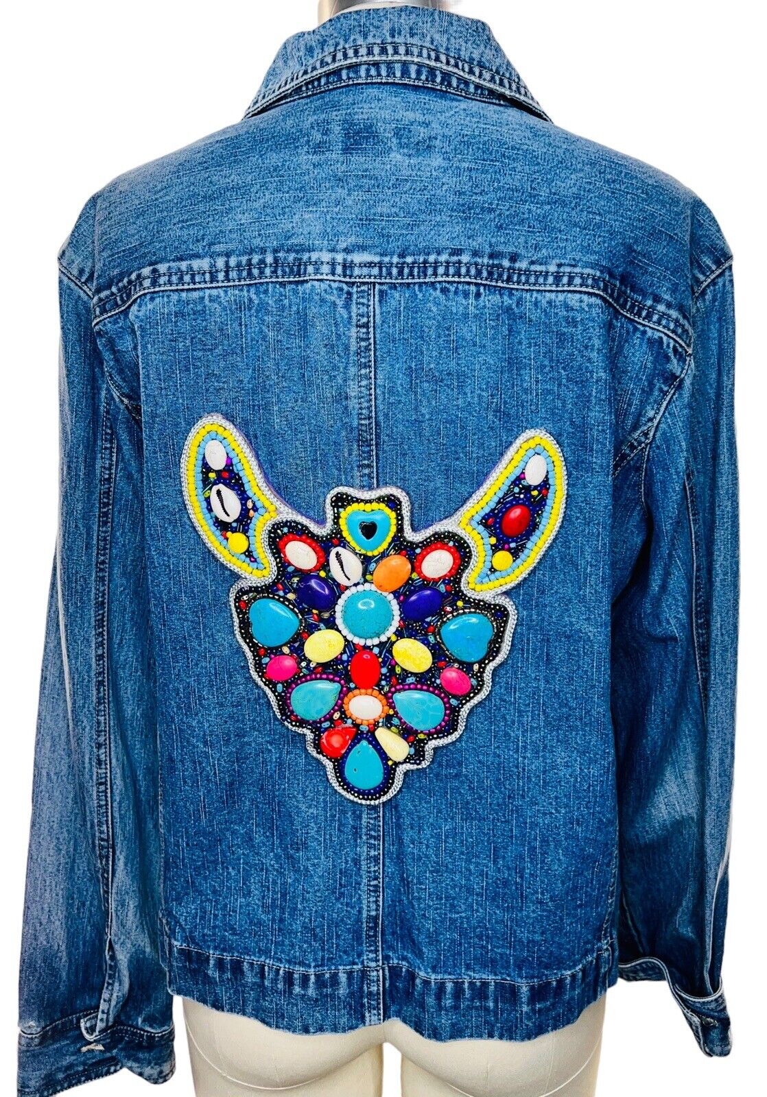 Jamaica Bay Distressed Denim Jacket Butterfly Appliqué W/gemStones Size Large