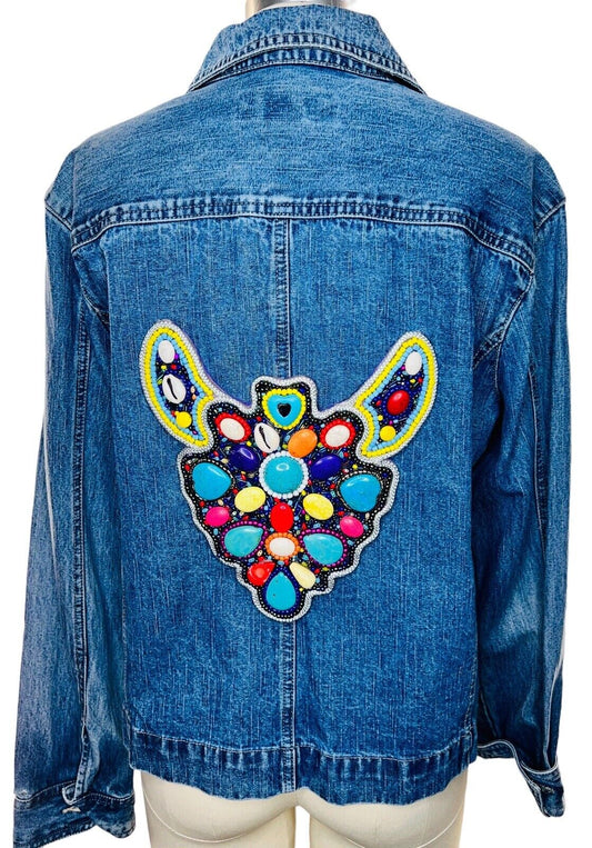 Jamaica Bay Distressed Denim Jacket Butterfly Appliqué W/gemStones Size Large