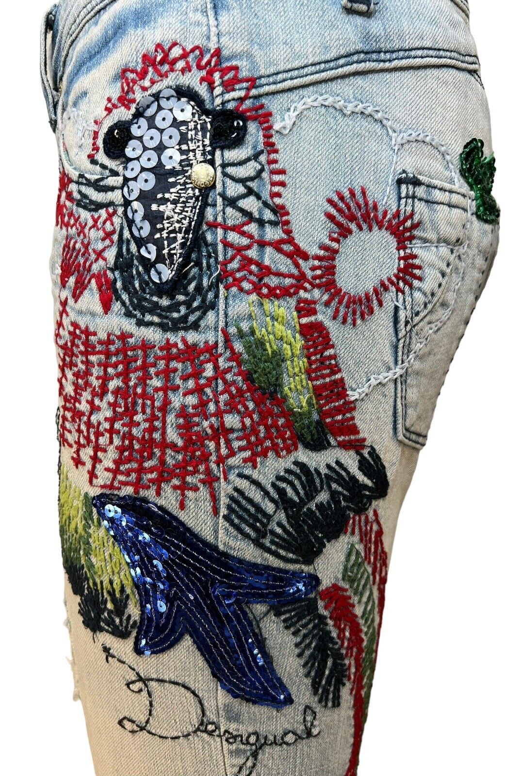 Desigual Womens Embellished Low-rise Skinny Denim Jeans Waist 32.5 Inches