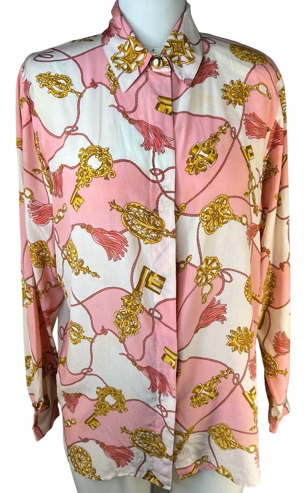 CW Clifford & Willis Baroque Italian Chain Pink Silk Button Up Blouse Size 8