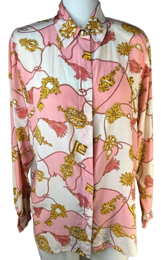 CW Clifford & Willis Baroque Italian Chain Pink Silk Button Up Blouse Size 8