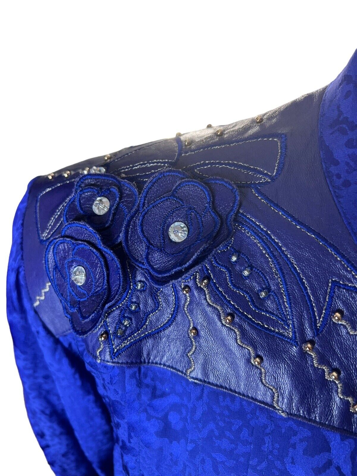 Stanley Nelson Indigo Blue Silk & Leather Studded Beaded Button Up Top Size L
