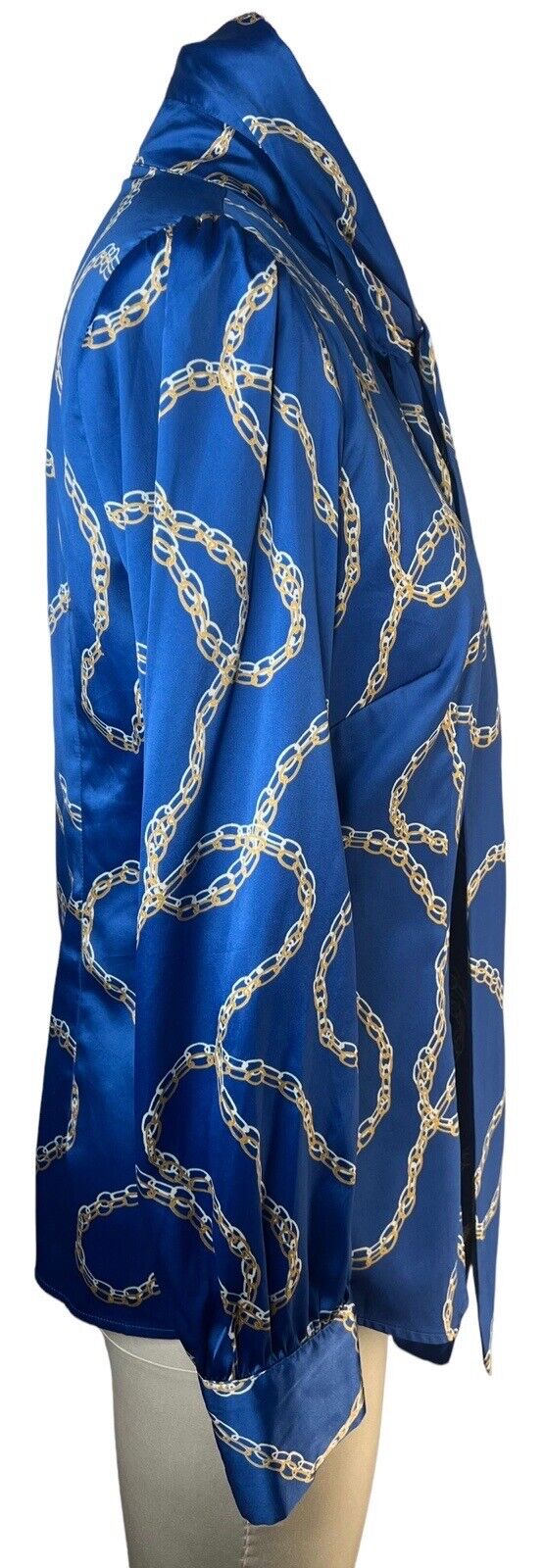 Hawes & Curtis Fitted Blue Italian Chain Blouse lavallière Pussycat Bow Size 10