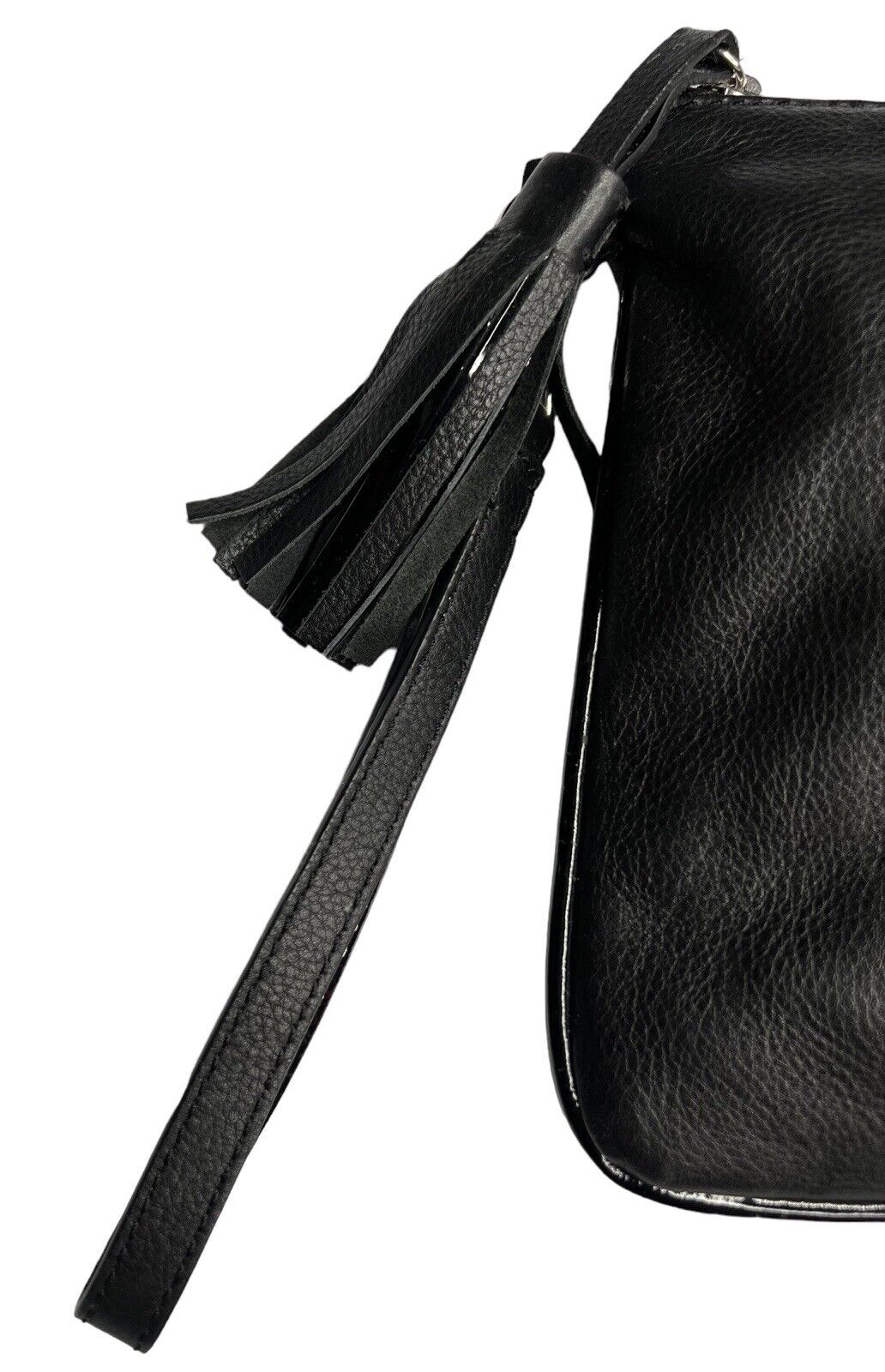Chico’s Black Leather Clutch Leather Rose Beaded 