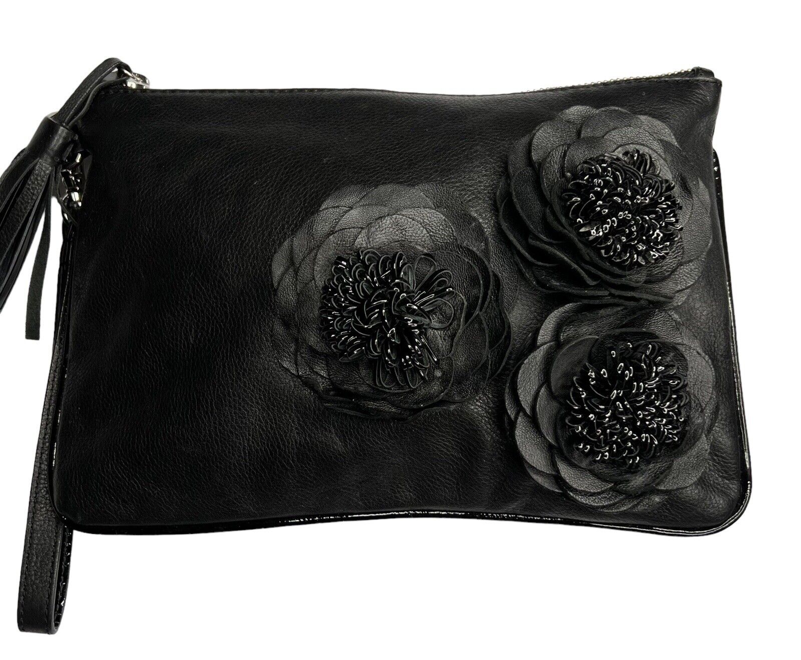 Chico’s Black Leather Clutch Leather Rose Beaded 