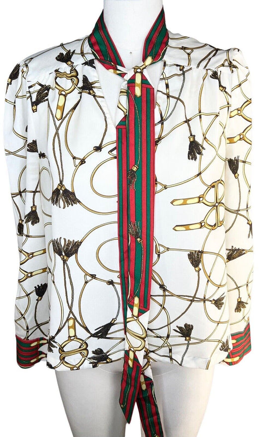 Women’s Italian Chain Tassels Keys Silk Long-sleeved Blouse Tie Size Small