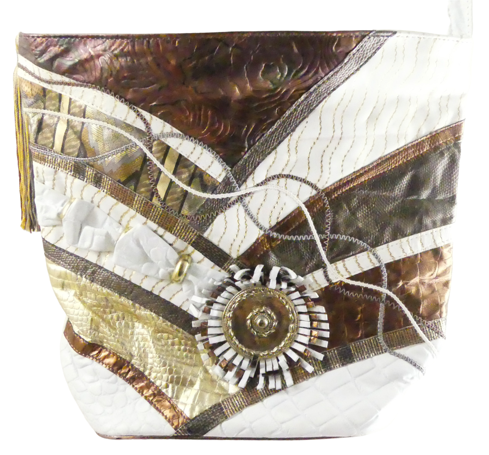 Vintage Crocodile Print Leather Fringe Metal Brass Crossbody Bag By Samir