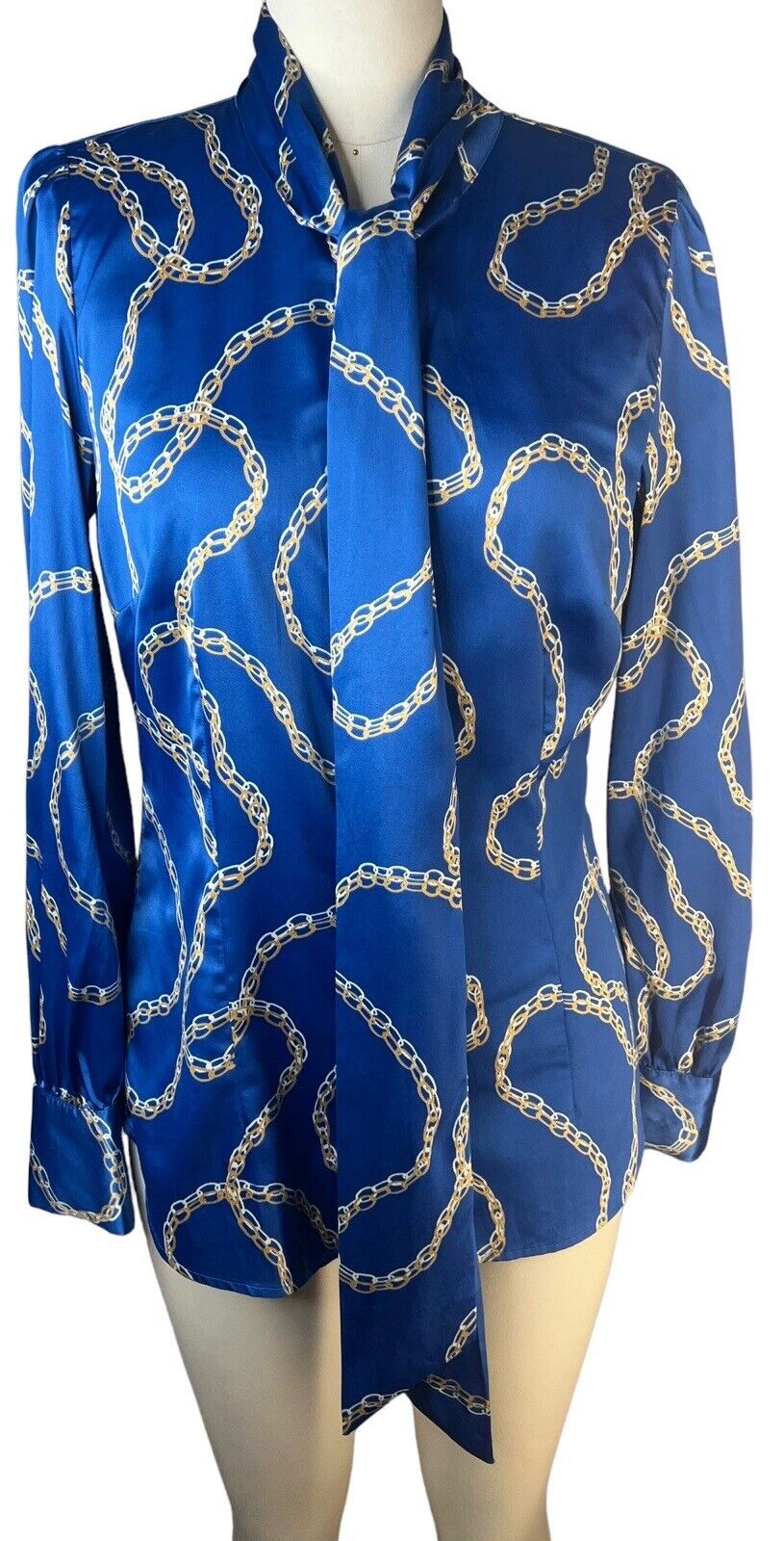 Hawes & Curtis Fitted Blue Italian Chain Blouse lavallière Pussycat Bow Size 10