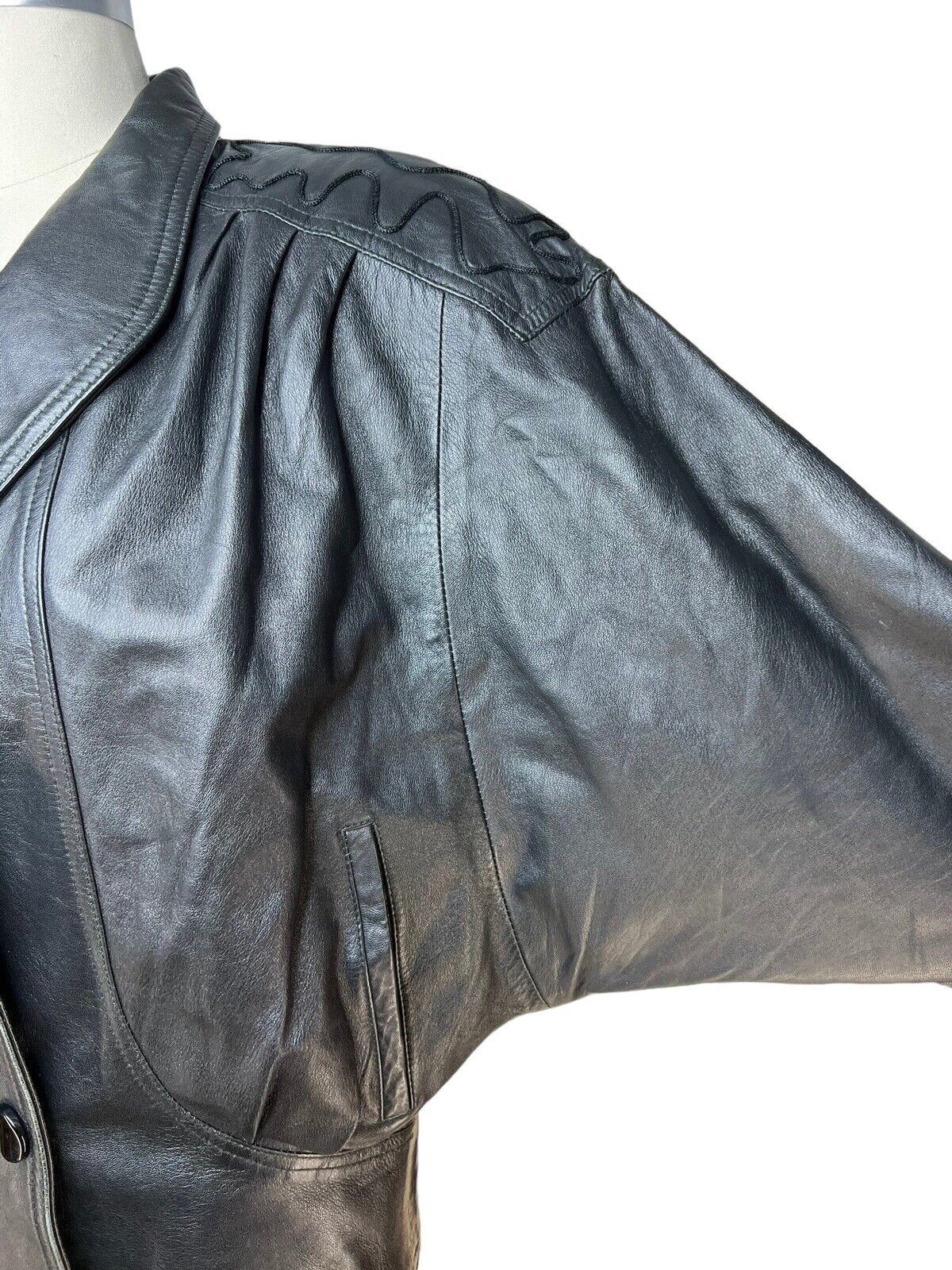 Women’s Black Italian Leather Cropped Jacket Embroidered Shoulder By Regal