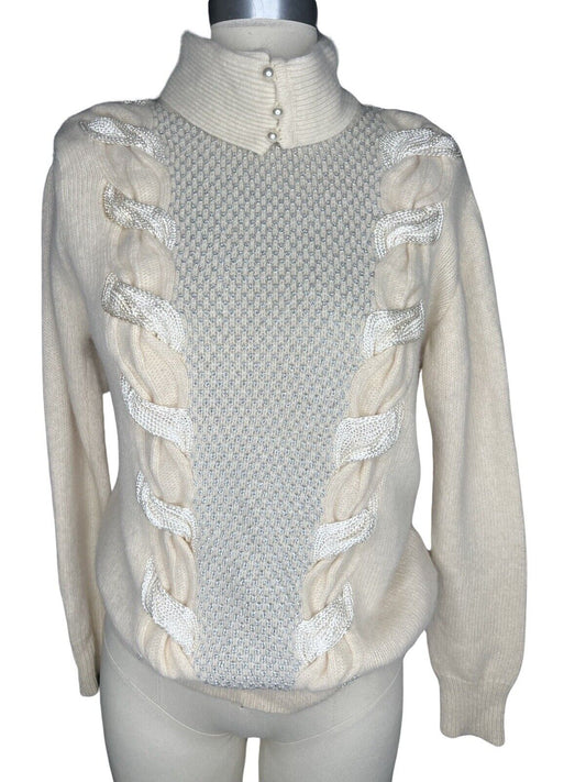 Lambswool & Angora Ivory Sweater Metallic Threading Pearl Buttons Size Medium