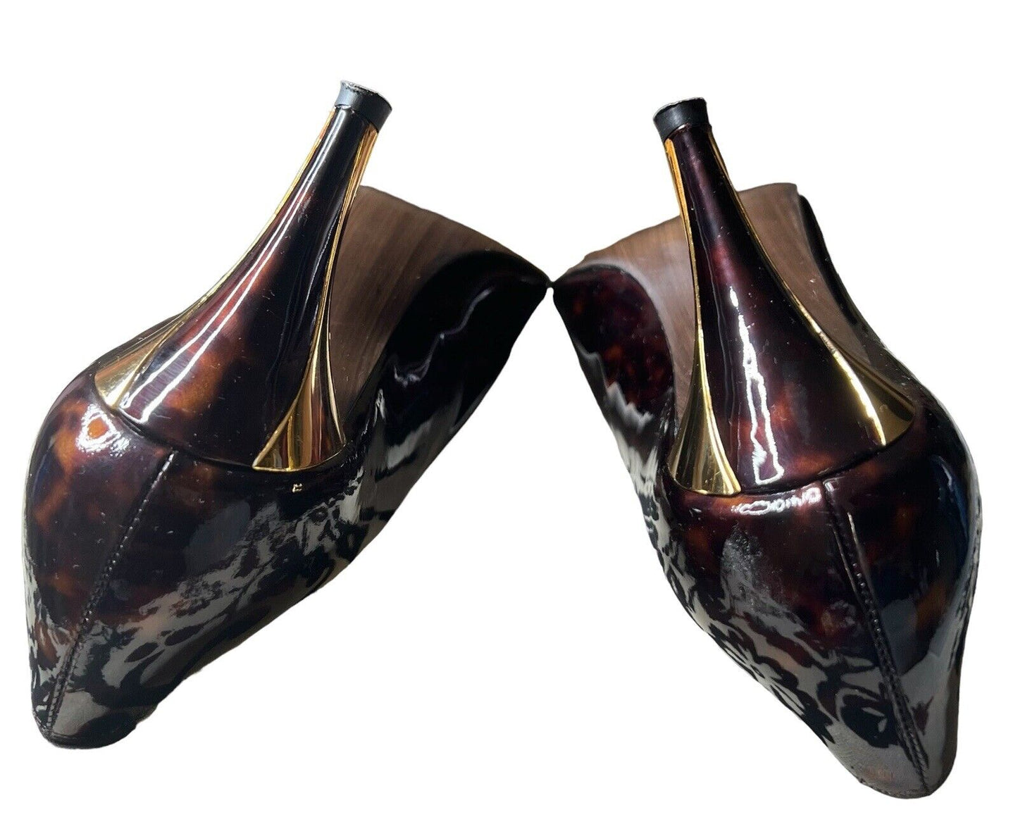 Stuart Weitzman 9M Patent Leather Leopard Print & Gold Heels