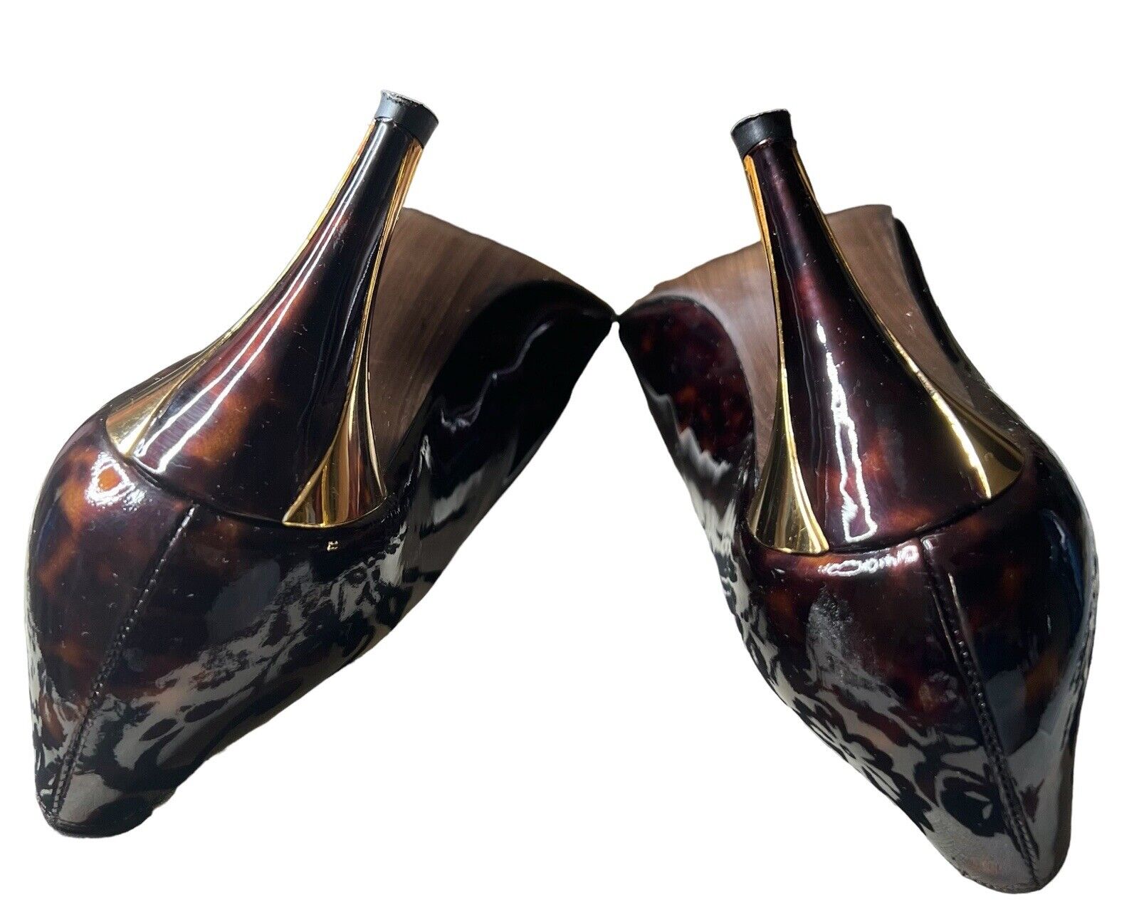 Stuart Weitzman 9M Patent Leather Leopard Print & Gold Heels