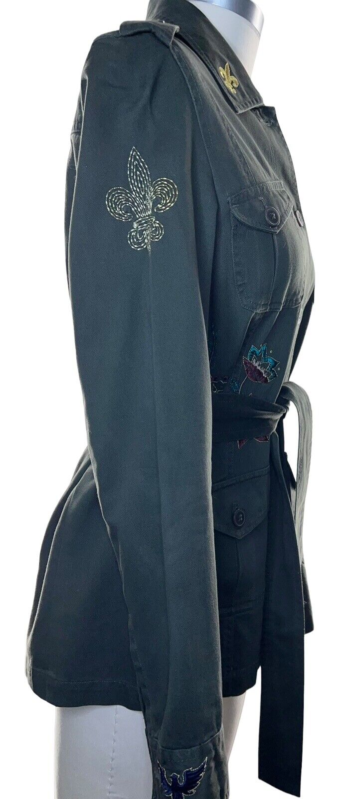 True Meaning Army Green Embroidered Belted Jacket Size Small