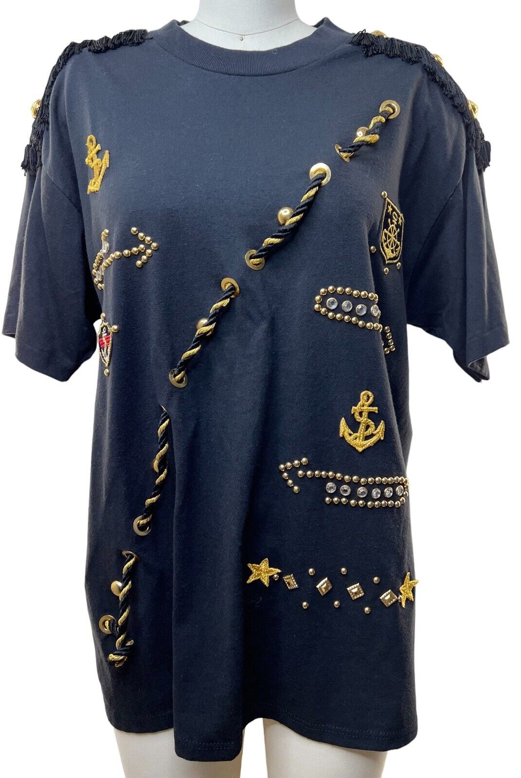 Clodia Dee NY Womens Black Tee Fringe Gold Sailor Size Large