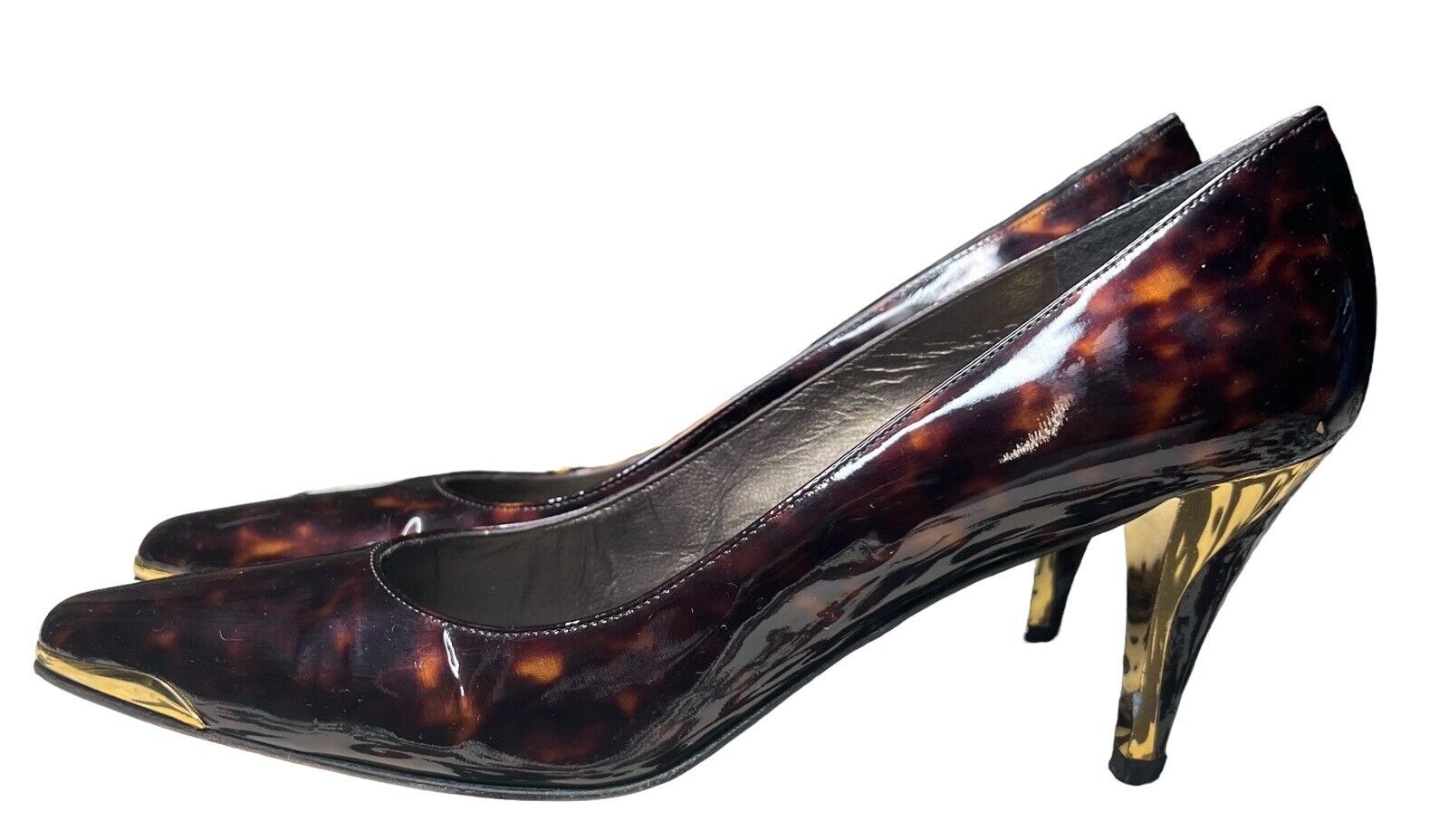 Stuart Weitzman 9M Patent Leather Leopard Print & Gold Heels