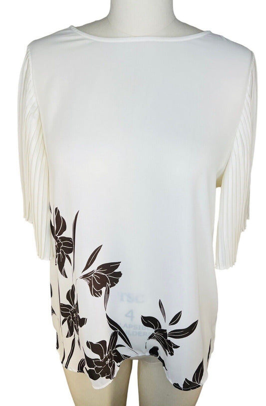 Worthington Polyester Floral Print Ivory Pleated Sleeves Blouse Size Small