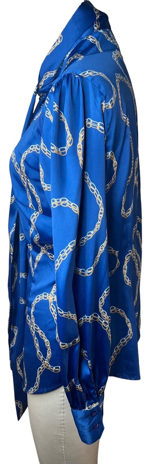 Hawes & Curtis Fitted Blue Italian Chain Blouse lavallière Pussycat Bow Size 10