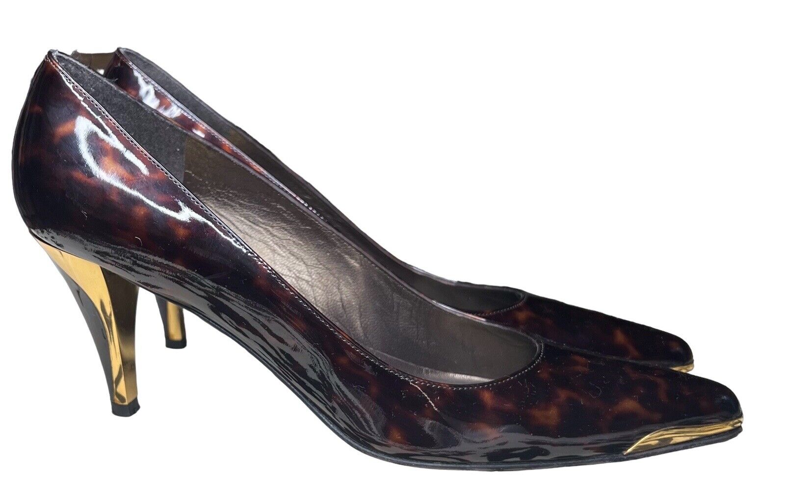 Stuart Weitzman 9M Patent Leather Leopard Print & Gold Heels