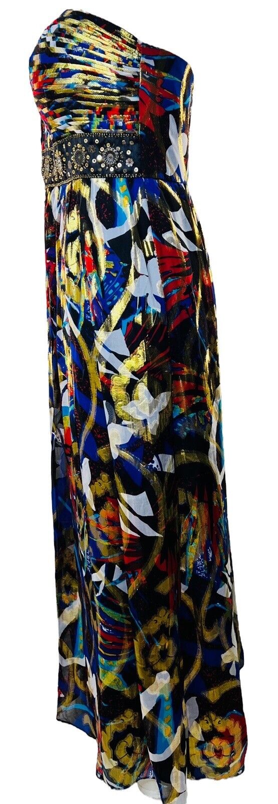 Oleg Cassini Silk Multicolor Gold Metallic Halter Maxi Dress Size 14W