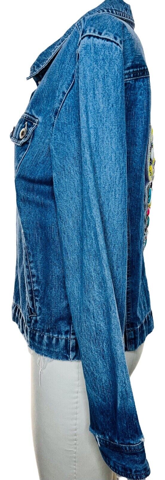 Jamaica Bay Distressed Denim Jacket Butterfly Appliqué W/gemStones Size Large