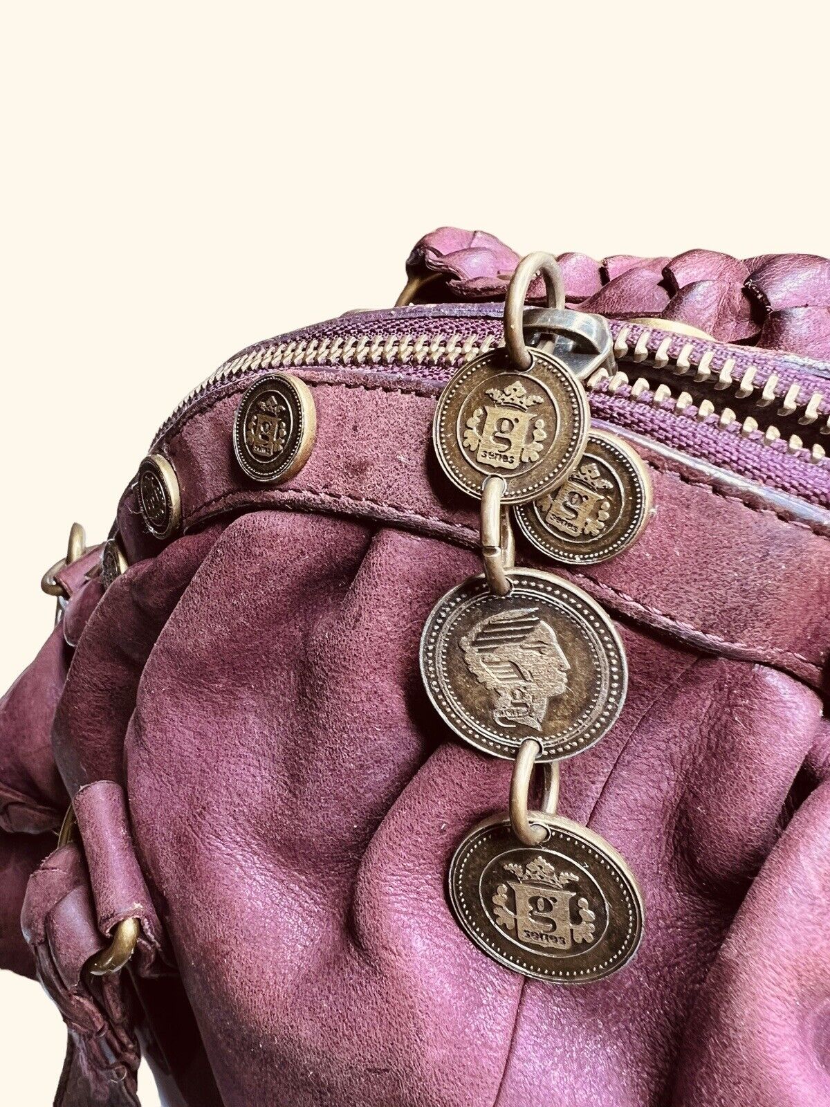 Cole Haan G Series Plum Leather Handbag Coins Double Top Handle