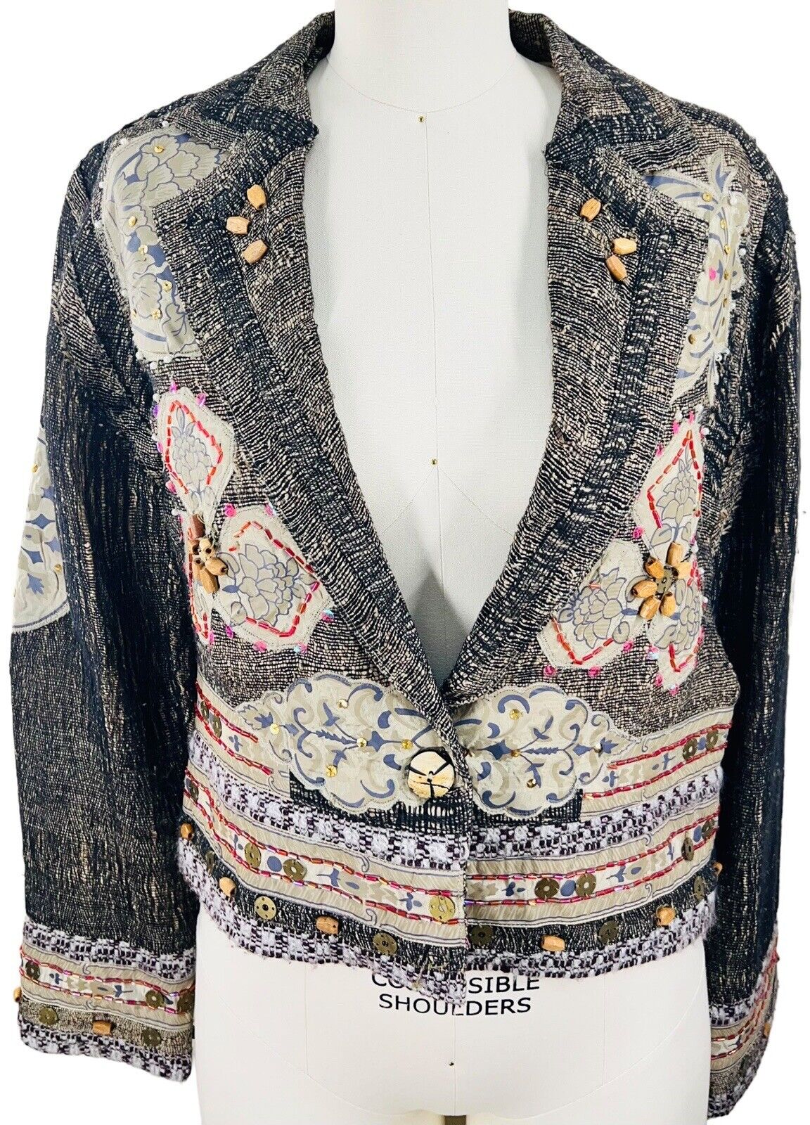 Sandy Starkman Silk & Cotton Mesh Blazer Beaded Grommets Sequins Size S