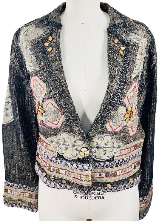 Sandy Starkman Silk & Cotton Mesh Blazer Beaded Grommets Sequins Size S