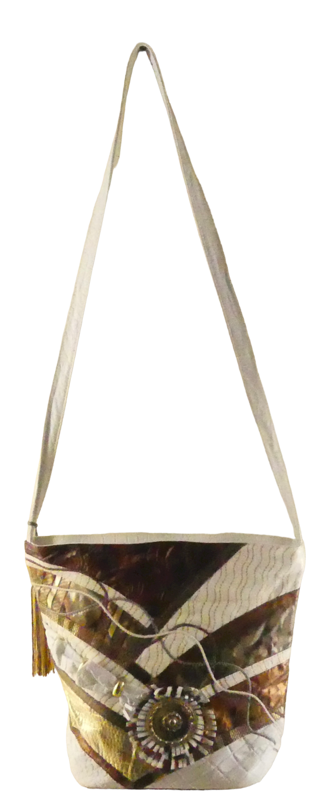 Vintage Crocodile Print Leather Fringe Metal Brass Crossbody Bag By Samir